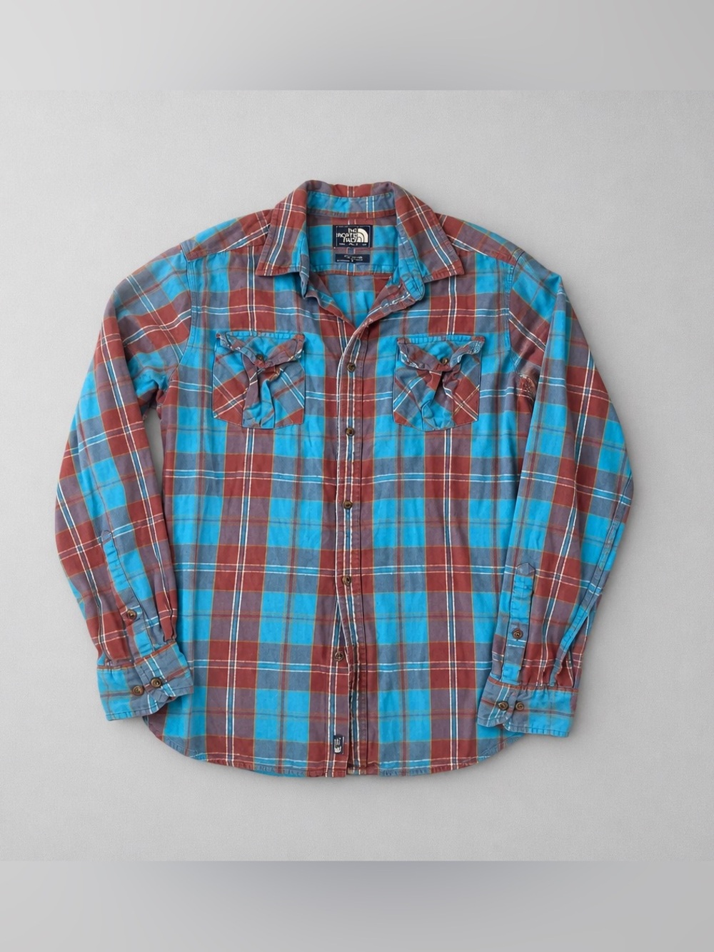 The North Face Men's Turquoise and Brown Plaid Button-Down Shirt